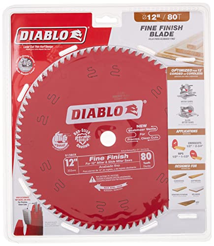 Freud D1280X Diablo 12-Inch 80 Tooth ATB Crosscutting Saw Blade with 1-Inch Arbor, Red Freud