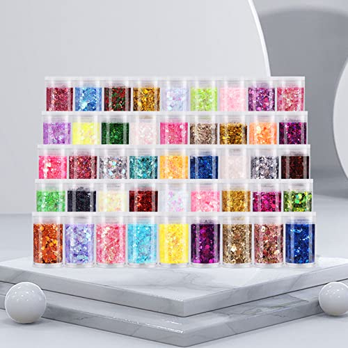 Chunky Fine Mixed Glitter,Set of 45 Colors,Holographic Glitter for Epoxy Resin DIY Craft,Nail Art,Face Eye Hair Make up,Iridescent Sequin Flake LICOOL GLITTER
