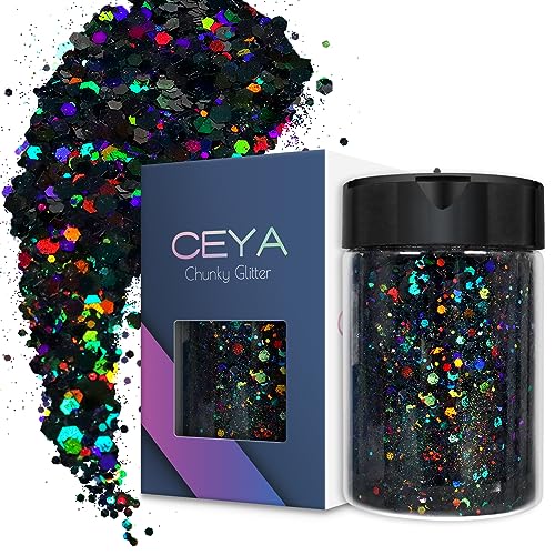 Ceya Holographic Chunky Glitter, 4.2oz/ 120g Black Craft Glitter Powder Mixed Chunky Fine Flakes Iridescent Nail Sequins for Nail Art, Hair, Epoxy ceya