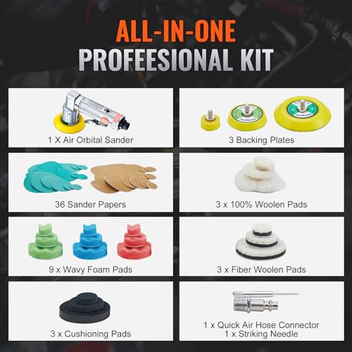 VEVOR Mini Air Sander, 1"/2"/3" Random Orbital Air Sander, 15000r/min Pneumatic Sander Polisher for Auto Body Work, 58PCS Air Powered Sander Kit with VEVOR