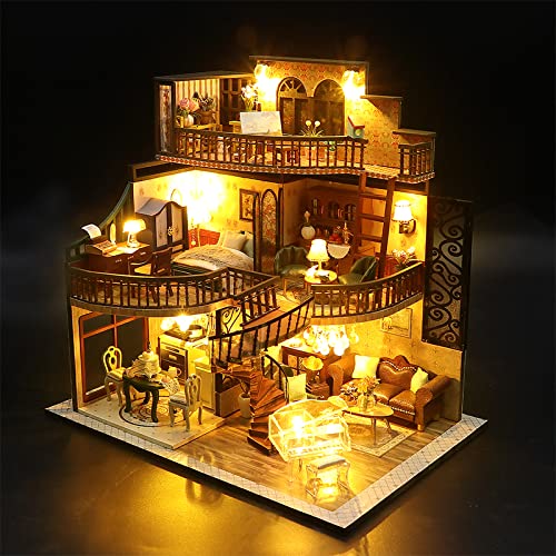 Lannso DIY Dollhouse Miniature Kit, Doll House Kit with Dust Proof Cover and Music Box, Mini Wooden Dollhouse Toys for Adult Gift(M2132) Lannso