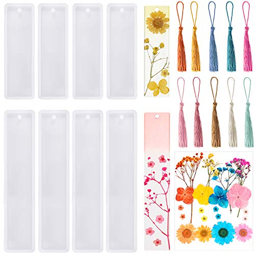 38 Pieces Bookmark Resin Mould Set, Include Rectangle Bookmark Silicone Mould Epoxy Resin Jewelry Mould with Colorful Tassels and Dried Flowers for Patelai