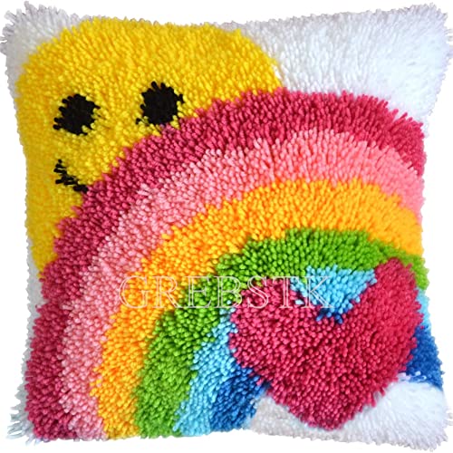 GREBSTK Latch Hook Kit DIY Throw Pillow Cover Sofa Cushion Cover Sun & Rainbow Pattern Paint Cross Stitch 16X16 inch GREBSTK
