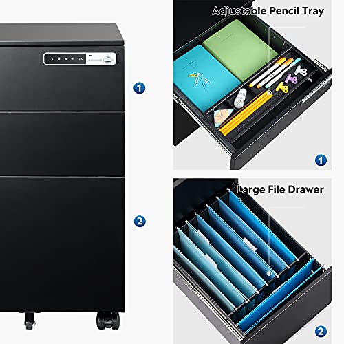 DEVAISE 3-Drawer Mobile File Cabinet with Smart Lock, Pre-Assembled Steel Pedestal Under Desk, Black DEVAISE
