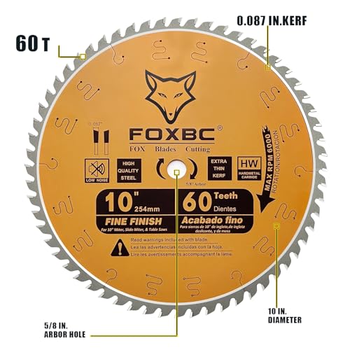 FOXBC 10-Inch Miter/Table Saw Blades, ATB, 60-Tooth, Thin Kerf Fine Finish Crosscut Blade with 5/8-Inch Arbor FOXBC