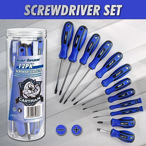 CARTMAN 12 Piece Magnetic Screwdriver Set - 6 Phillips and 6 Flat, Professional Cushion Grip Hand Tools Set CARTMAN