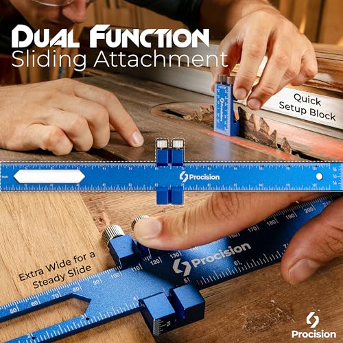 Procision Woodworking Ruler, Set of 3 (12, 8, 6 Inch), Precise Woodworking Pocket Ruler with Extra Wide 2" Sliding Attachment, Slide Rule T-Type Eleon