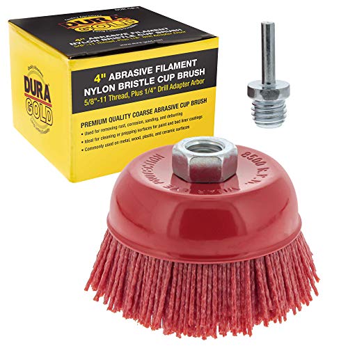 Dura-Gold 4" Abrasive Filament Nylon Bristle Cup Brush - Coarse Sanding Scuffing Brush, 5/8" 11 Thread, 1/4" Drill Arbor - Remove Rust, Corrosion, Dura-Gold