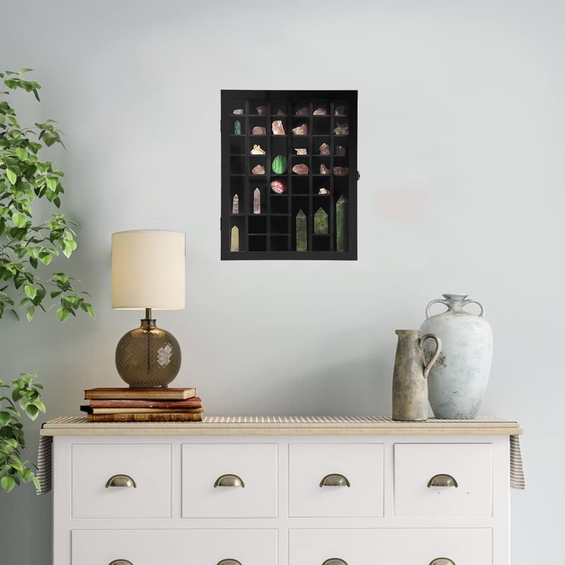 KCRasan Adjustable Rock Display Case - Wooden Crystal Organizer for Stones Storage - Rock Collection Box with Shelves for Agate Opal Crystal Stone KCRasan