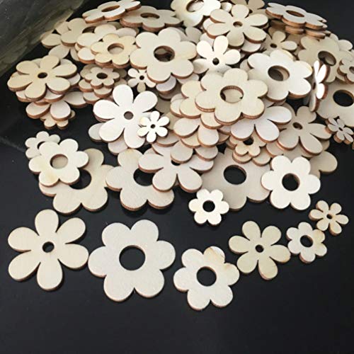 Happyyami 100pcs Flower Wood Cutouts Plum Blossom Wood Shapes Pieces Wood Discs Slices for DIY Craft Wedding Birthday Party Favors Centerpieces Happyyami