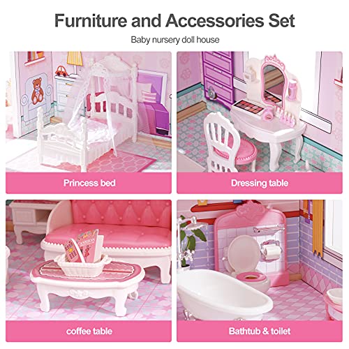 ROBOTIME Wooden Dollhouse, Doll Houses with 24 Pieces Furniture for 4, 5, 6-Inch Dolls, Dollhouse Gift for 3+ Year Old Girls (Pink) ROBOTIME