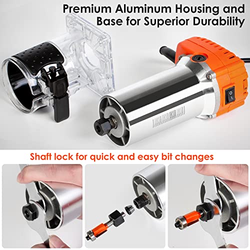 THINKWORK Compact Router, 6.5-Amp 1.25 HP Compact Wood Palm Router Tool, 6 Variable Speeds Wood Trimmer with 15 Pieces 1/4" Router Bits Set, THINKWORK