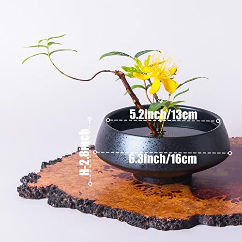 Japanese Ikebana Vase Kit, Flower Shallow Container Ceramics Flower Bowl Flower Arrangement Vase with 1.57inch Flower Frog and 2 in 1 Kenzan Needle Eggone