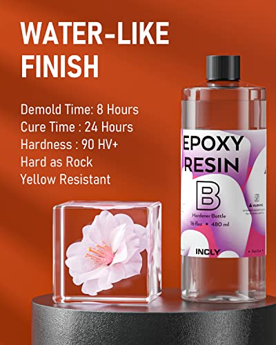 INCLY 32OZ Crystal Clear Epoxy Resin Kit, High Gloss & Bubbles Free Resin Supplies For Coating and Casting, Table Top, Countertop, River Table, Wood, INCLY