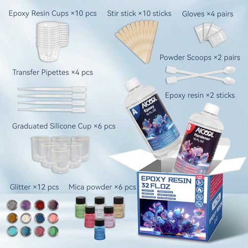 Aicool Epoxy Resin 32OZ, Epoxy Resin Kit, Crystal Clear Art Resin Not Yellowing, No Bubble, Self Leveling, High-Gloss, Casting & Coating for DIY Aicool