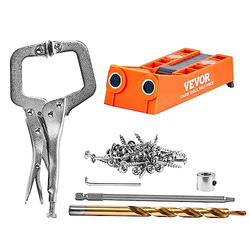 VEVOR Pocket Hole Jig, 56 Pcs Mini Jig Pocket Hole System with 9" C-clamp, Step Drill, Wrench, Drill Stop Ring, Square Drive Bit, and Screws, for DIY VEVOR