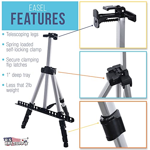 U.S. Art Supply 66" Sturdy Silver Aluminum Tripod Artist Field and Display Easel Stand - Adjustable Height 18" to 5.5 Feet, Holds 36" Canvas - Floor US Art Supply