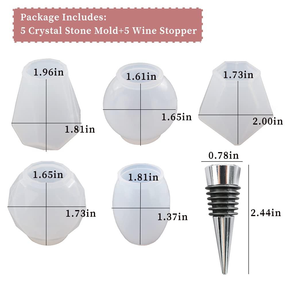 Silicone Resin Molds Set with 5PCS Wine Stoppers, 5PCS Wine Bottle Stopper Saver Mold, Crystal Gem Stone Epoxy Resin Mold, Geometric Spherical Wehous