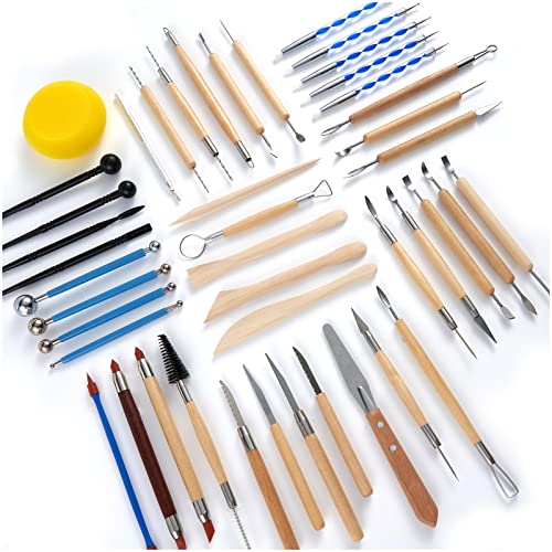 TEMONTIAN Pottery Clay Sculpting Tools,44Pcs Double Sided Polymer Clay Tools, Ceramic Clay Carving Tool Set with Carrying Case Bag for Beginners, TEMONTIAN