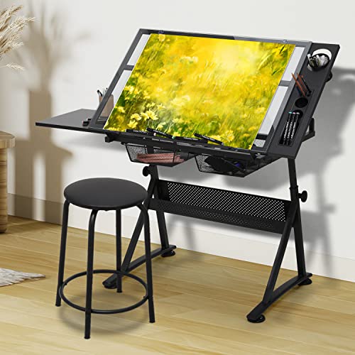 Magshion Drafting Table Desk Adjustable Height Artist Desk with Tilting Glass Tabletop and Sliding Wood Desktop, All-in-One Art Desk for Reading, Magshion