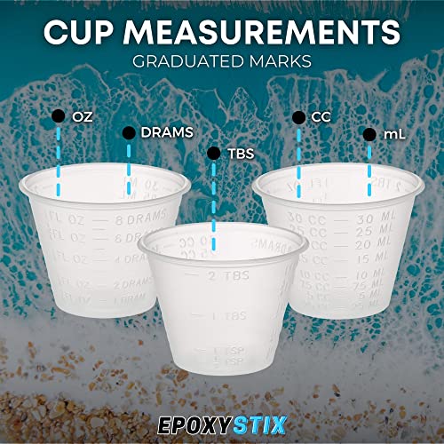 EpoxyStix Disposable Measuring Cups Combo Pack for Mixing Epoxy Resin - Pack of 25 Clear 10 Oz Cups and 100 1 Oz Medicine Cups - Includes 50 Mixing EpoxyStix