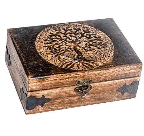 Antique Handmade Wooden Urn Tree of Life Engraving Handcarved Jewellery Box for Women-Men Jewel | Home Decor Accents | Decorative Boxes | Storage & Hind Handicrafts