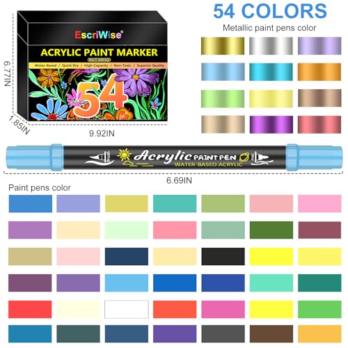 EscriWise 54 Colors Acrylic Paint Pens Paint Markers Set,Dual Tip Paint Markers With Fine Tip and Brush Tip,Premium Paint Pens for Stone,Canvas,Rock EscriWise