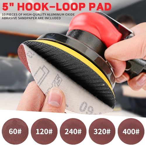 5" Air Random Orbital Sander Pneumatic Palm Sander Da Sander With 10 Pcs Sandpapers 3Pcs Polishing Pads Buffing Pads Kit for Sanding, Finishing, NuoDunco