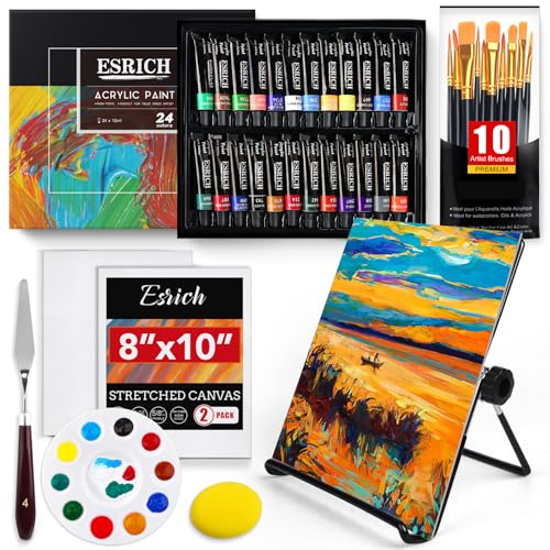 ESRICH 40PCS Acrylic Paint Set,Professional Painting Supplies with Acrylic Paint,Canvas Panels,Paint Brushes,Paint Knife,Sponge,Plastic Palette and ESRICH