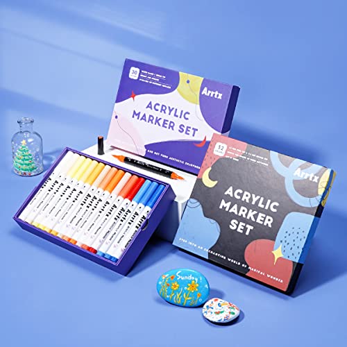 Arrtx Acrylic Paint Pens 62PCS, Water Based Acrylic Markers, Paint Markers for Rock Painting, Dual Tip Brush Tip Acrylic Painting Supplies for Fabric Arrtx