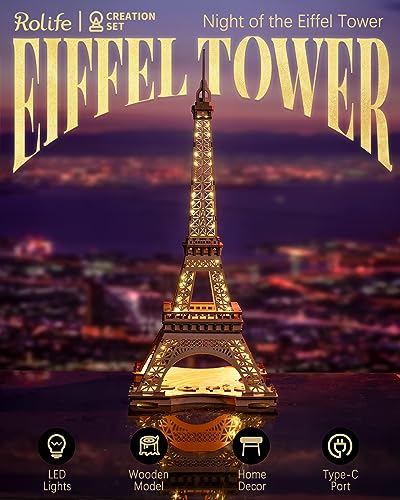 Rolife Large Eiffel Tower Set-LED Model Building Kit-3D Wooden Puzzles for Adults-Paris Architecture Set-Home Decor Gift for Women Men Rolife