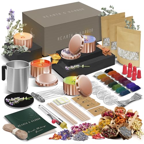 Hearth & Harbor Natural Soy Candle Making Kit for Adults, DIY Candle Making Kit for Kids with Dried Flowers for Candle Making, 50 Piece Make Your Own Hearth & Harbor