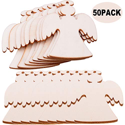Pack of 50 Wooden Crafts to Paint 3 inch Christmas Tree Hanging Ornaments Unfinished Wood Cutouts Christmas Decoration DIY Crafts (Wooden Angel malyunin
