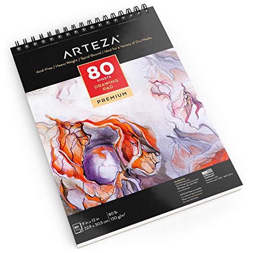 ARTEZA Drawing Paper Pad, 9 x 12 Inches, Pack of 1, 80 Pages, Spiral-Bound Sketch Book, Drawing Journal with Durable 80-lb Paper Sheets, Art Supplies ARTEZA