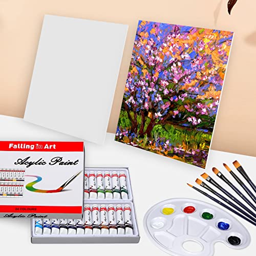 Falling in Art 34 Pieces Acrylic Paint Set - Canvas Painting Kit with 26 Acrylic Paints, Nylon Brushes, Plastic Palette, Mixing Knife for Kids, Falling in Art