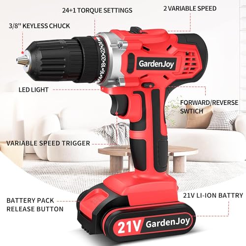 GardenJoy 21V Cordless Power Drill - Electric Drill Set with Battery and Fast Charger, 30pcs Drill/Driver Bits, 2 Variable Speed, 3/8" Keyless Chuck, GardenJoy