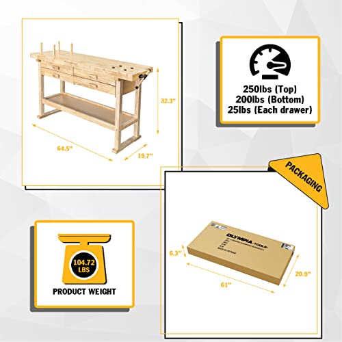 Olympia Tools 60-Inch Wooden Workbench - Rubberwood Workbench with 4-Drawer, 450lbs Weight Capacity - Perfect Workbench for Garage, Workshop and Olympia Tools