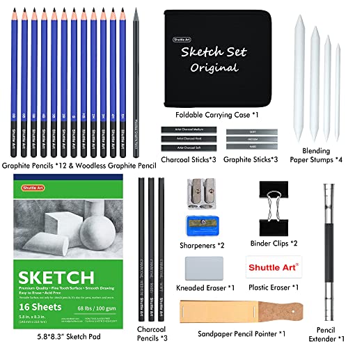Shuttle Art Sketching and Drawing Pencils Set, 37-Piece Professional Sketch Pencils Set in Zipper Carry Case, Drawing Kit Art Supplies with Graphite Shuttle Art