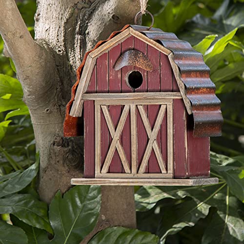 Glitzhome 10.25" H Hanging Birdhouse Rustic Wooden Barn Garden Bird House for Outdoor glitzhome