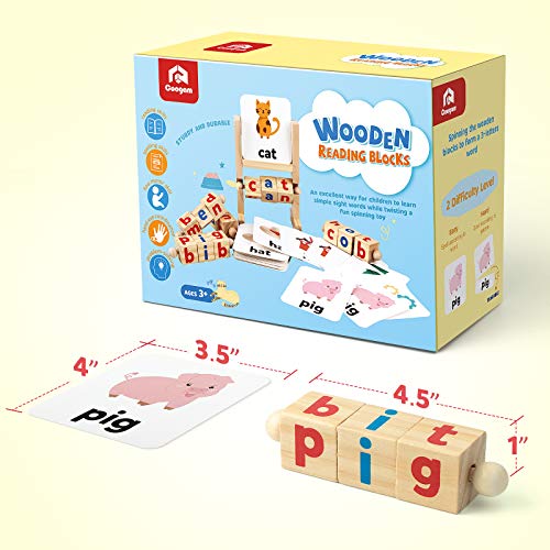 Coogam Wooden Reading Blocks Short Vowel Rods Spelling Games, Flash Cards Turning Rotating Letter Puzzle for Kids, Site Words Montessori Spinning Coogam