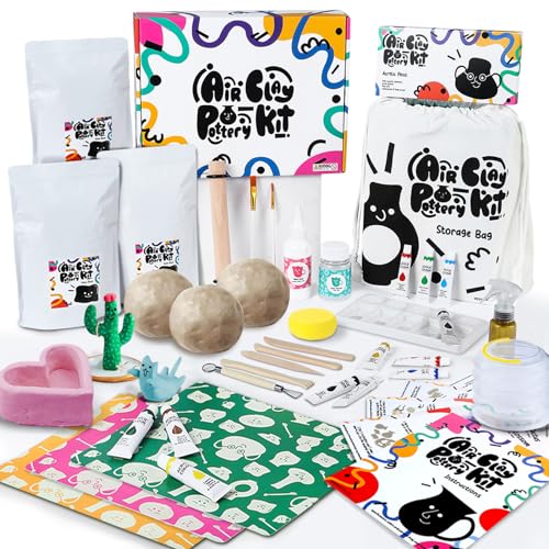 FosterToys Air Dry Clay Pottery Kit for Beginners | DIY Clay Kit for Adults, Sculpting Tools Set & Step-by-Step Guide, 12 Paints, Paintbrush, FosterToys
