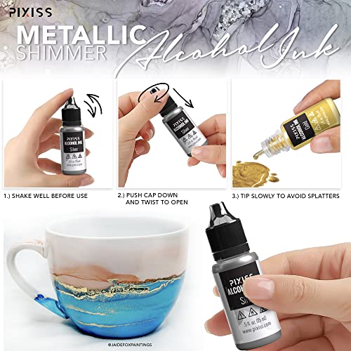 Metallic Alcohol Ink Set - 5 Metal Color Alcohol-Based Inks for Epoxy Resin Art - Concentrated Shimmer Alcohol Paint Color Dye for Resin - 4 Ounce Pixiss