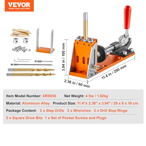 VEVOR 30 Pcs Pocket Hole Jig Kit, Adjustable & Easy to Use Pocket Hole Jig System with Step Drills, Wrenches, Drill Stop Rings, and Square Drive VEVOR