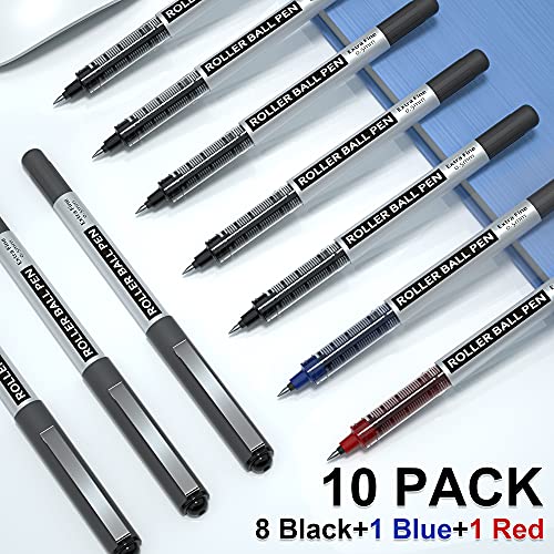 Shuttle Art Rollerball Pens, 10 Pack(8 black 1 blue 1 red) Liquid Ink Pens, 0.5mm Extra Fine Point, Quick Drying for Writing Journaling Taking Notes Shuttle Art