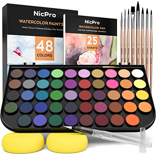 Nicpro Watercolor Paint Set, 48 Water Colors Kit with 8 Squirrel Brushes, Palette, Watercolor Pen, 25 Art Pad Paper, 2 Art Sponges, Non-toxic Nicpro