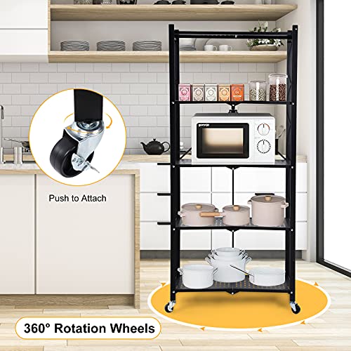 HealSmart 5-Tier Heavy Duty Foldable Metal Rack Storage Shelving Unit with Wheels Moving Easily Organizer Shelves Great for Garage Kitchen, Black HealSmart