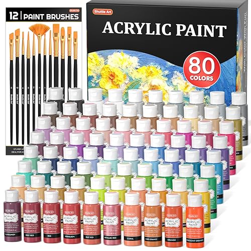 80 Colors Acrylic Paint, Shuttle Art Acrylic Paint set with 12 Paint Brushes, 2oz/60ml Bottles, Rich Pigmented, Water Proof, Premium Paints for Shuttle Art
