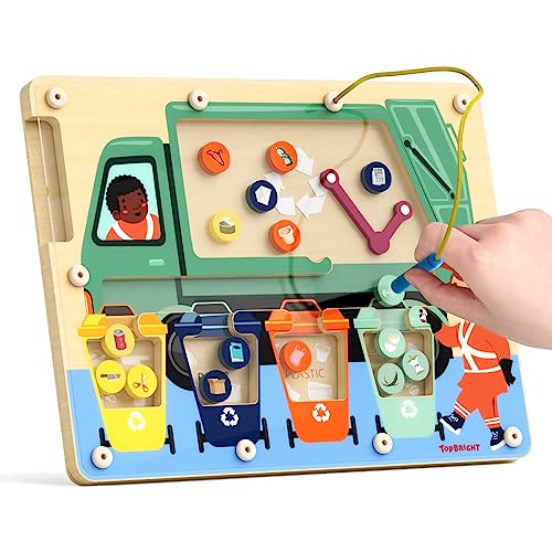 TOP BRIGHT Wooden Magnetic Wand Maze Board for 3 4 5 Years Old, Wooden Activity Board, Learning Color Recognition Magnetic Beads Fidget Toys for Kids TOP BRIGHT