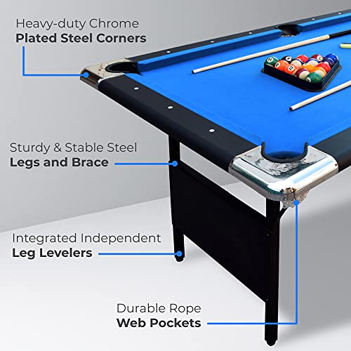 Hathaway Fairmont Portable 6-Ft Pool Table for Families with Easy Folding for Storage, Includes Balls, Cues, Chalk, Blue Hathaway