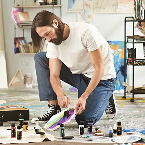 ARTEZA Acrylic Pouring Paint Kit, 36 Pieces, Bright and Iridescent Pouring Paint, Pearlized Paint, 3D Fabric Paint, Chunky Glitter, Wood Slices, ARTEZA